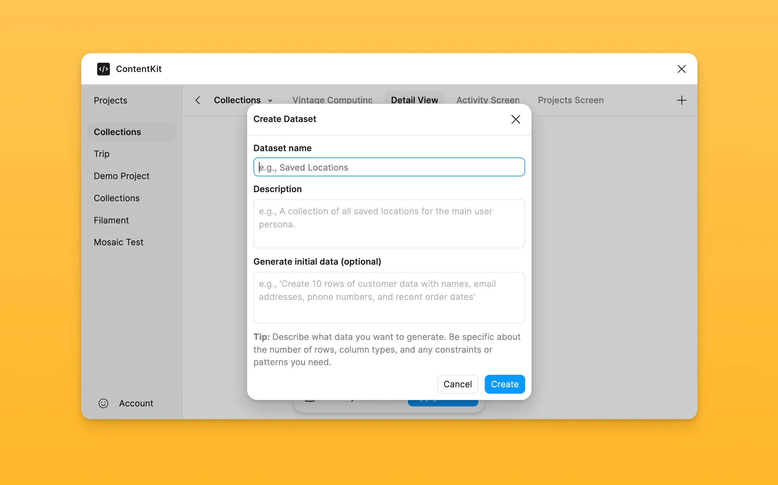 Create dataset dialog