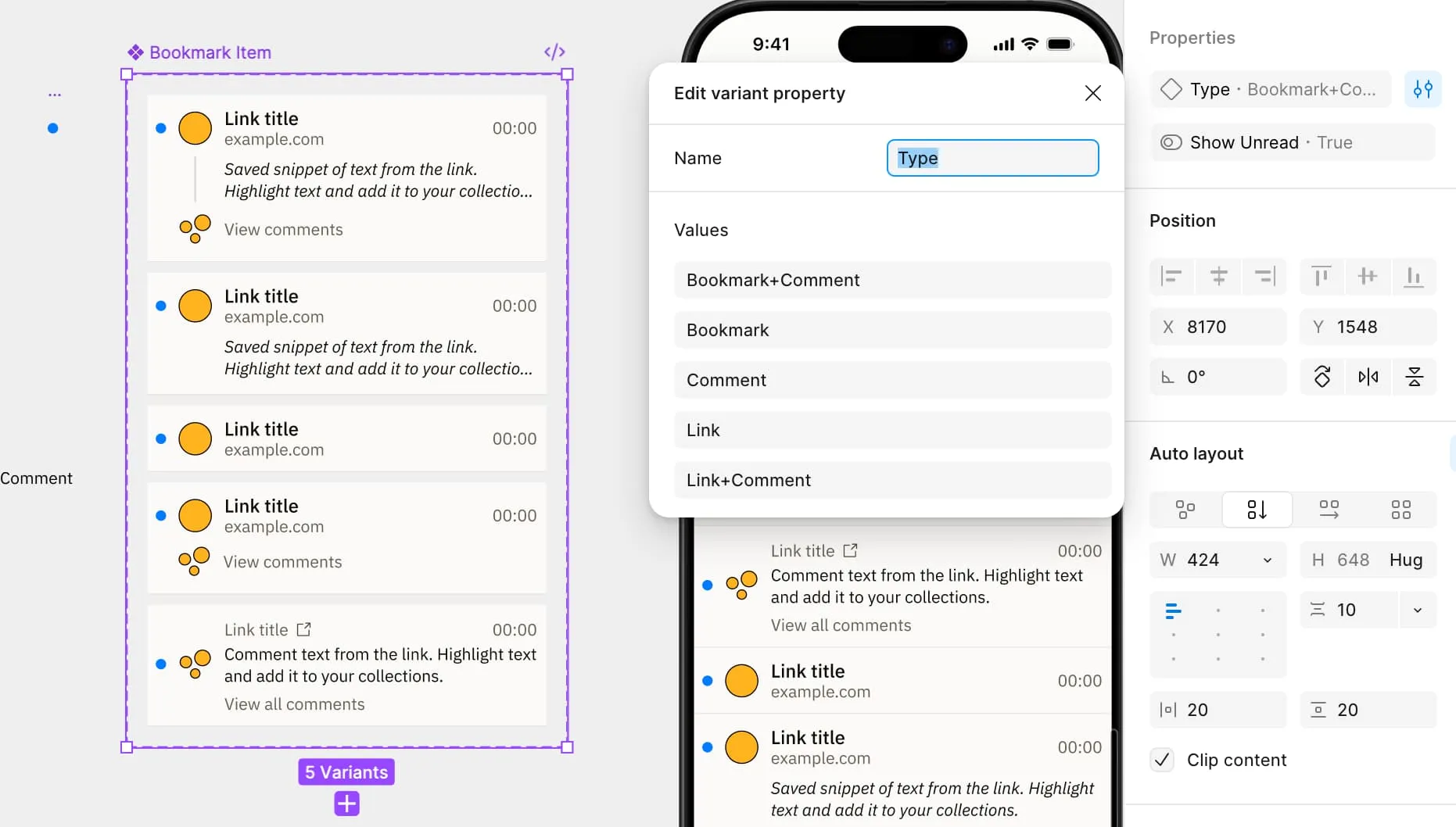 Overview of the variants the list item component has